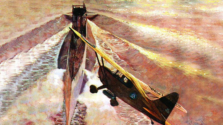 A painting reconstruction of a Civil Air Patrol plane, furnished with explosive ordinance, flying up to a U boat.