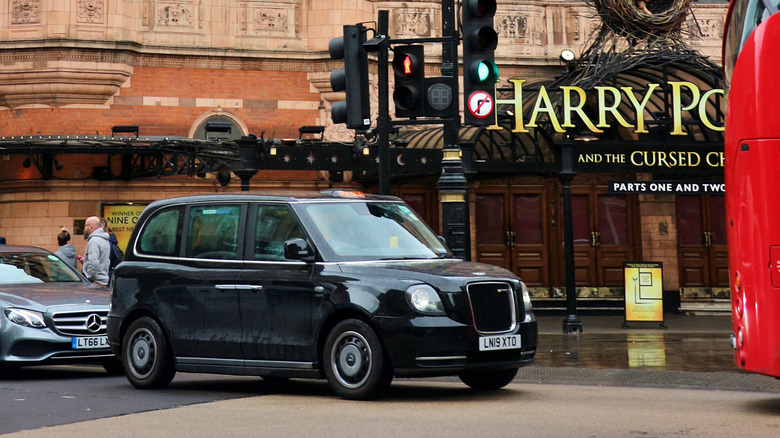 An LEVC TX in 2019 outside of Palace Theatre in London, where "Harry Potter and the Cursed Child" was playing.