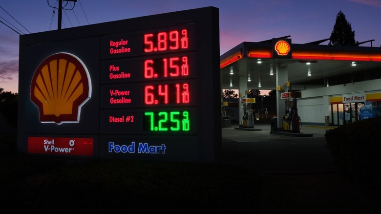 High gas prices displayed outside of a Shell gas station in California