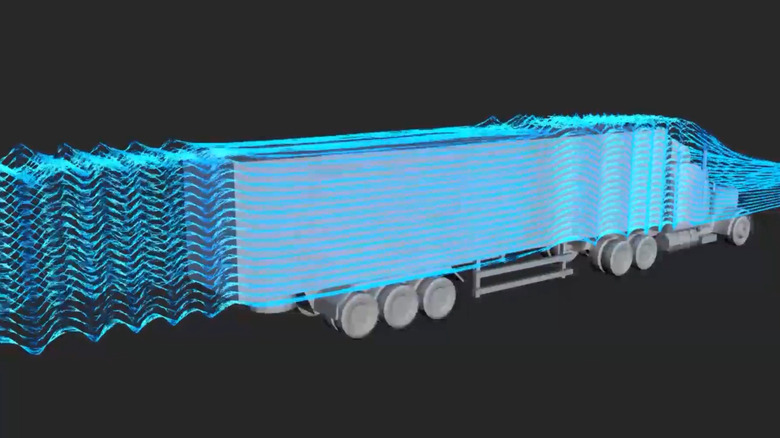 A 3D graphic showing airflow around a model of a truck