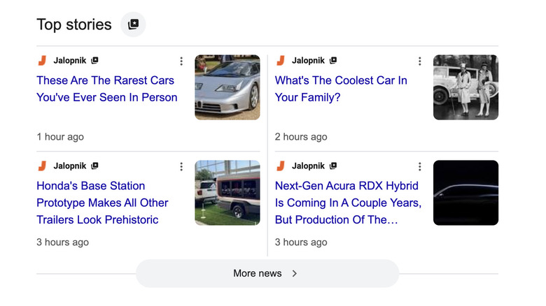 Screenshot of Google's top stories module, showing Jalopnik articles