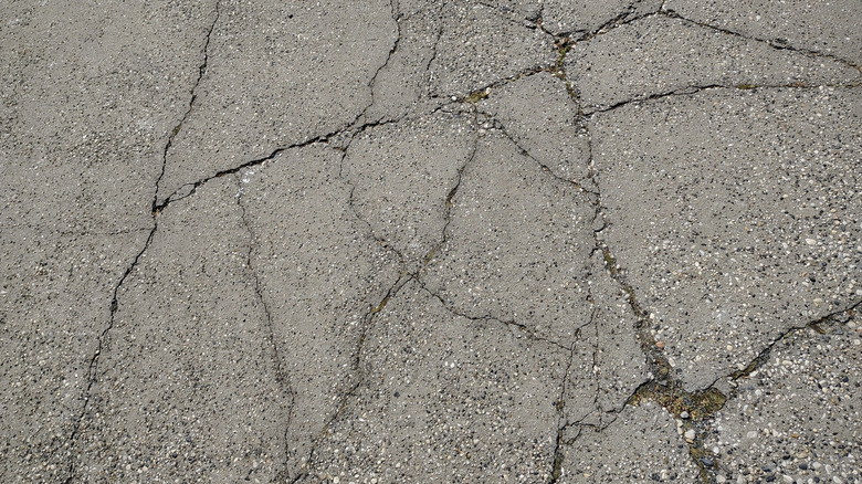 Multiple cracks in a concrete driveway
