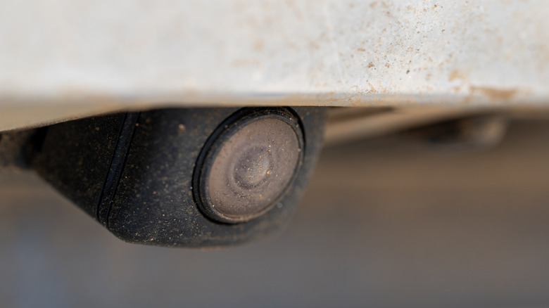 A closeup view of a dirty backup camera from a family sedan