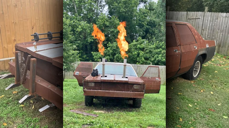 A Ford Crown Victoria spews fire from its hood-mounted exhaust pipes