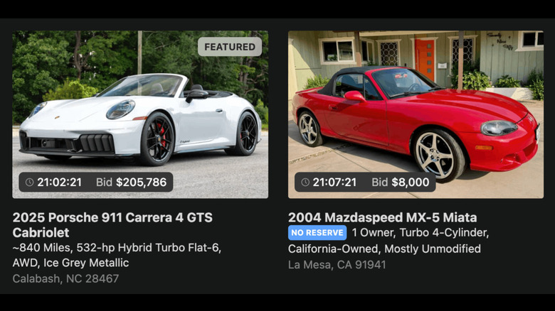 Screenshot from the Cars & Bids homepage showing a 2025 Porsche 911 and Mazdaspeed Miata for sale