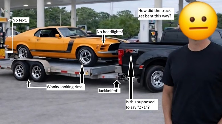AI-generated photo of Ford Mustang being towed by Chevy pickup