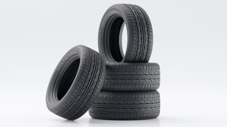 A neat stack of unmounted tires