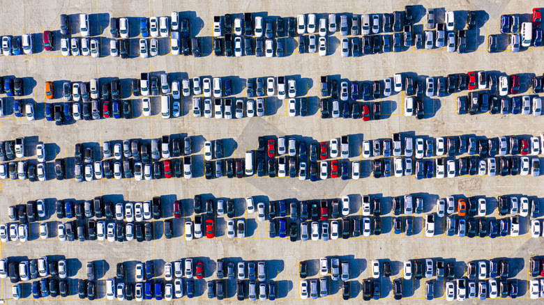 Aerial view of various parked cars
