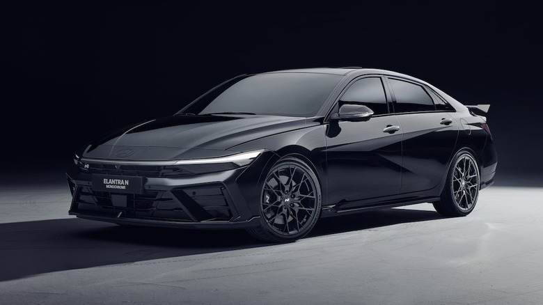 Front 3/4 view of a black Hyundai Elantra N Monochrome.