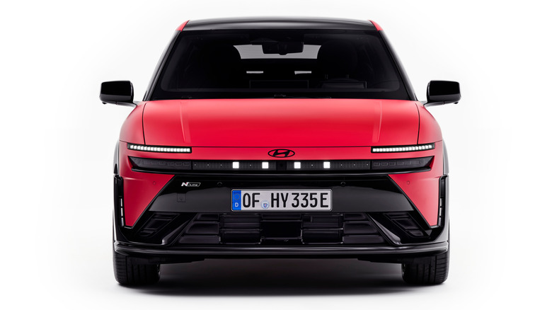 Front end of a red Hyundai Ioniq 3
