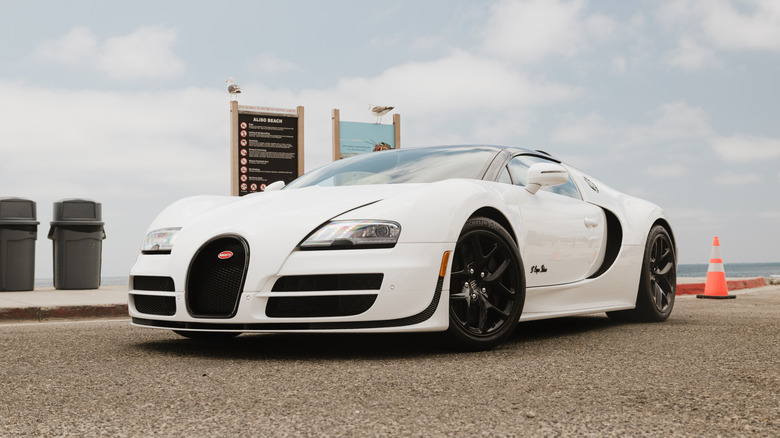 Front 3/4 view of a white Bugatti Veyron Grand Sport Vitesse
