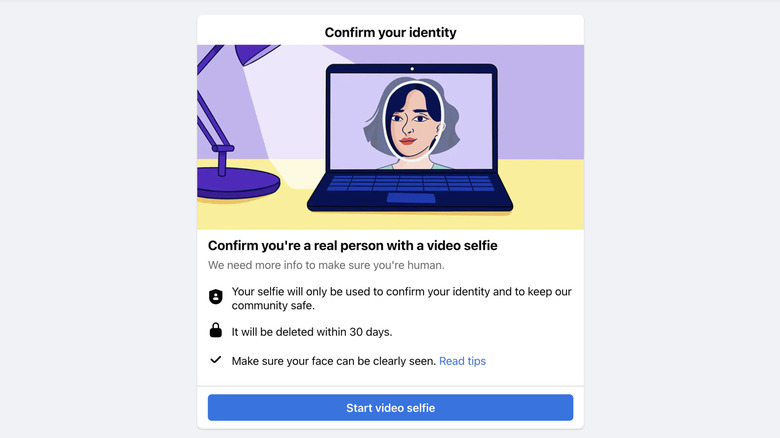 Identity confirmation popup on Facebook that requires a 'video selfie' before you can access your account