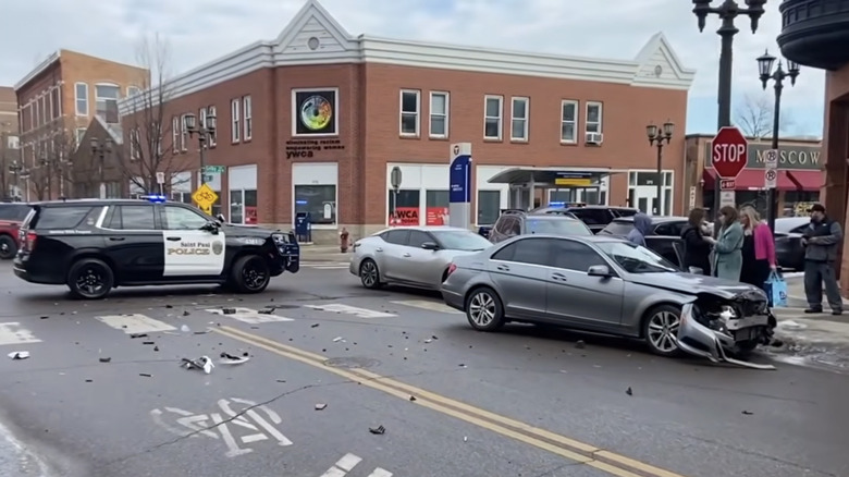 Wrecked cars in a St. Paul, Minnesota intersection after a high-speed ICE pursuit and crash