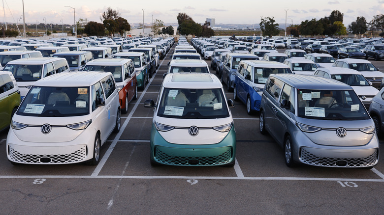 ows of Volkswagen ID Buzz electric buses are parked at a vehicle processing lot at the National City Marine Terminal which is a major port for vehicle imports and exports, particularly for new foreign cars entering the United States on April 26, 2025 in National City, California.