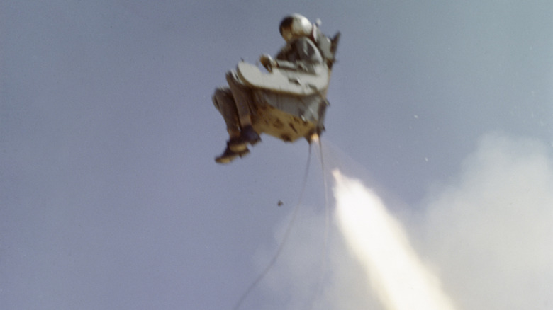 A test dummy is propelled into mid-air by a rocket during an F-5 seat ejection test in California, May 28th 1968. (Photo by UPI/Bettmann Archive/Getty Images)
