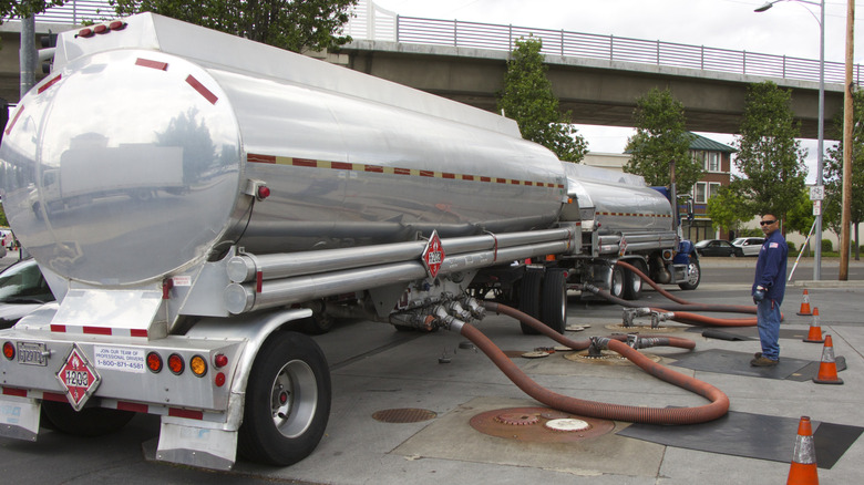 California tanker trunk pumps gasoline into a gas station's tank