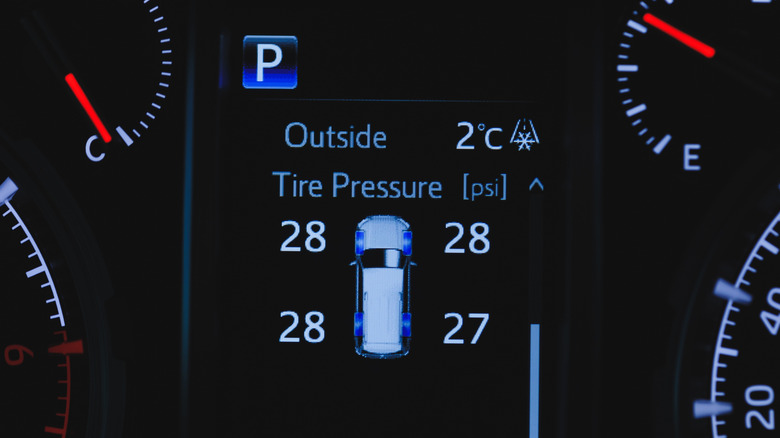 The tire pressure monitoring screen in a modern car