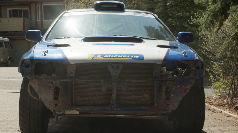Bonked front end of a Subaru rally car