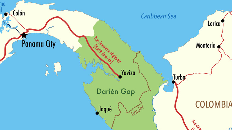 A map showing the Darién Gap and where the Pan-American Highway