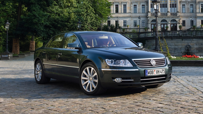 A parked black Volkswagen Phaeton