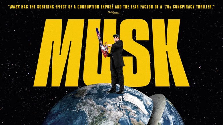 Elon Musk atop a world cut in half, wielding a chainsaw