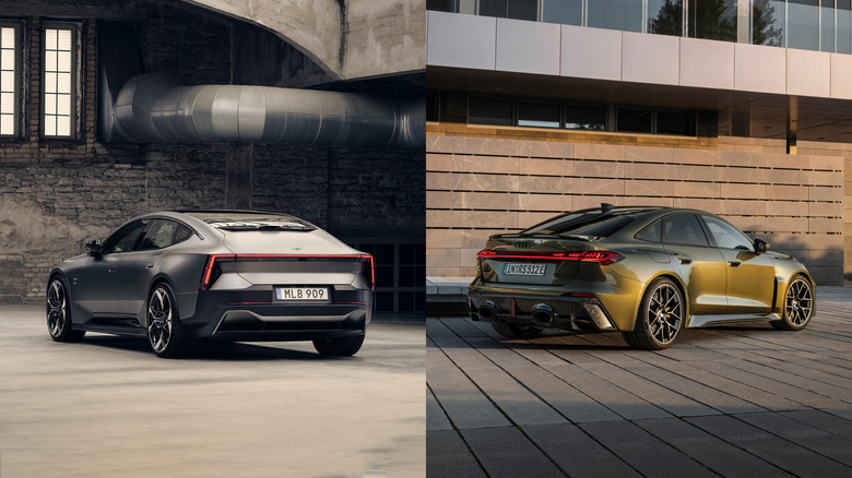 Rear 3/4 view of a Polestar 5 and Audi RS5