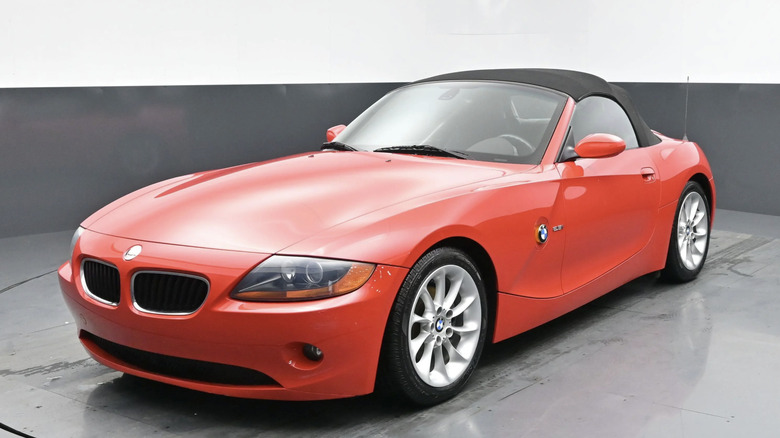 Red BMW Z4 parked inside