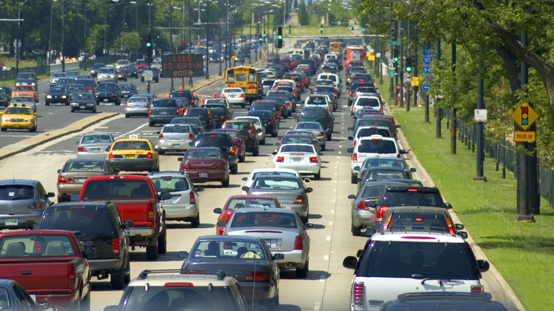 Photo of five lanes of heavy traffic in Chicago.