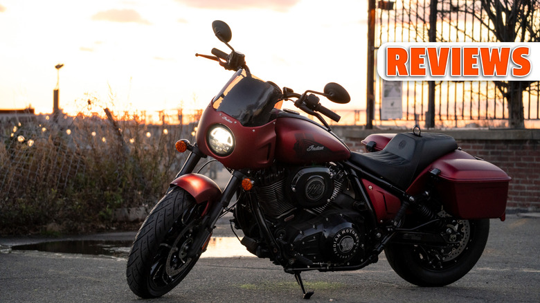 Wide shot of an Indian Sport Chief RT motorcycle at sunset
