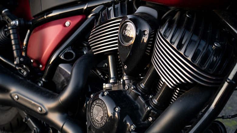 Closeup of an Indian Sport Chief RT motorcycle engine at sunset