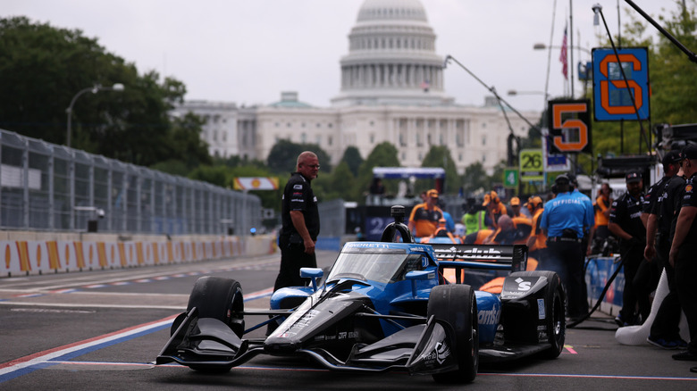 Kyle Kirkwood, driver of the #27 Sam's Club Honda drives to practice for the NTT INDYCAR Series Freedom 250 on August 22, 2026 in Washington, DC.