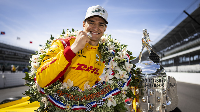 Alex Palou, driver of the #10 DHL Chip Ganassi Racing Honda, poses for a photo during the winner's photo shoot for the NTT IndyCar Series 109th Running Of The Indianapolis 500 at Indianapolis Motor Speedway on May 26, 2025 in Indianapolis, Indiana.