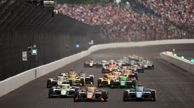 Pack of IndyCars on track at the 2026 Indy 500