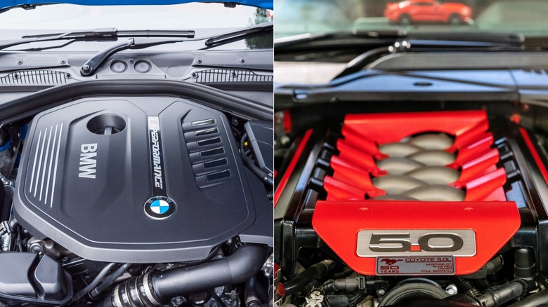 A close-up of a gray BMW M4 showcasing its engine.