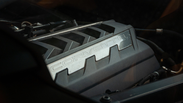 A close-up of a C8 Corvette engine cover.