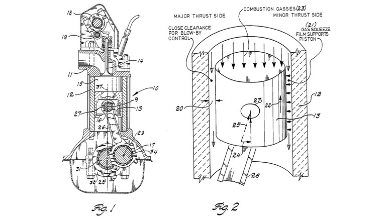 Diagrams from the Ford Motor Company's patent application for an uncooled oilless internal combustion engine