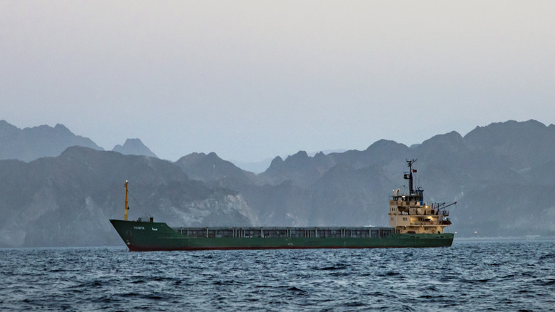 A cargo ship anchored off the coast of Oman