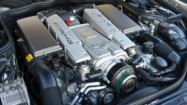 The supercharged 5.4-liter M113K V8 under the hood of a M.ercedes-AMG E55