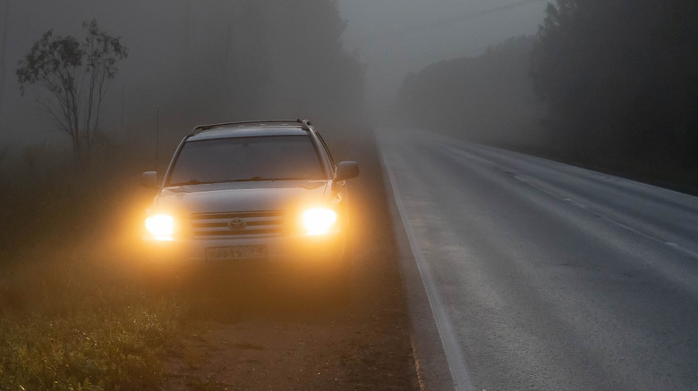 An SUV parked roadside in foggy conditions with trees and grass.