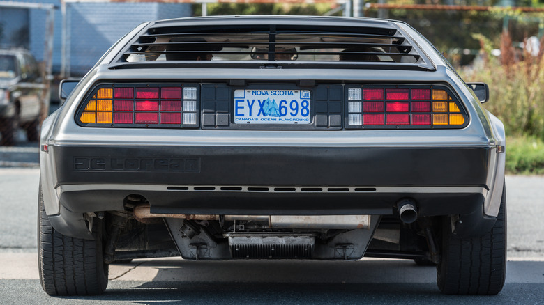 A rear-end of a DeLorean sporting Nova Scotia plates.