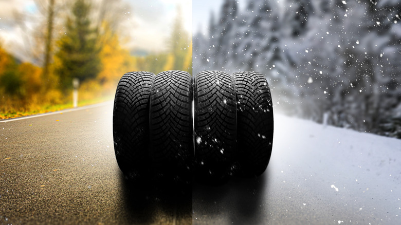 Two tires side by side on a road, one in autumn, the other in winter.