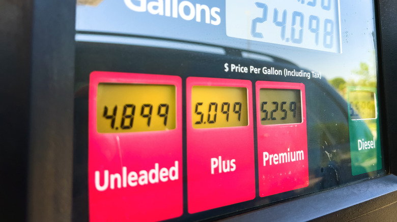 Regular, Plus, and Premium fuel at a gas station.