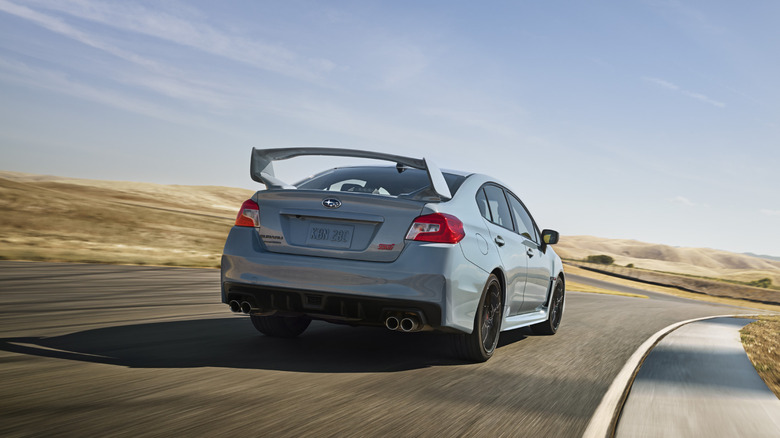 The huge rear wing on the 2019 Subaru WRX STI operates much like a front splitter