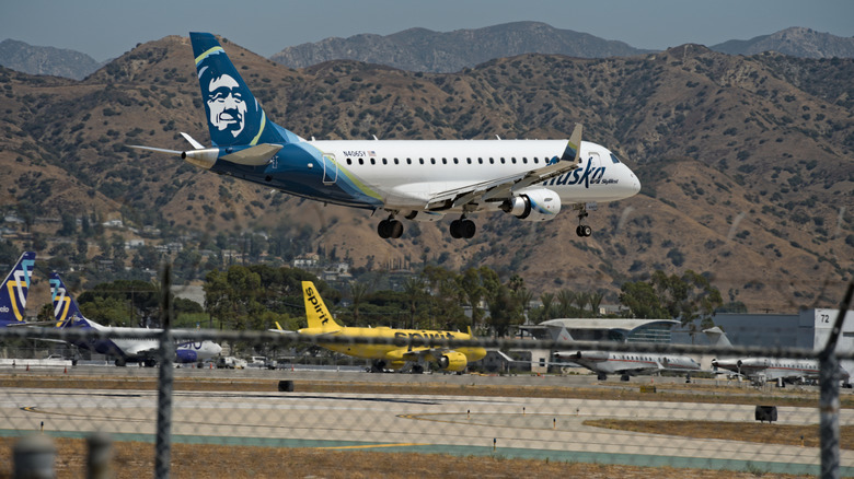 An Alaska Airlines jet comes in for a landing at Burbank International Airport