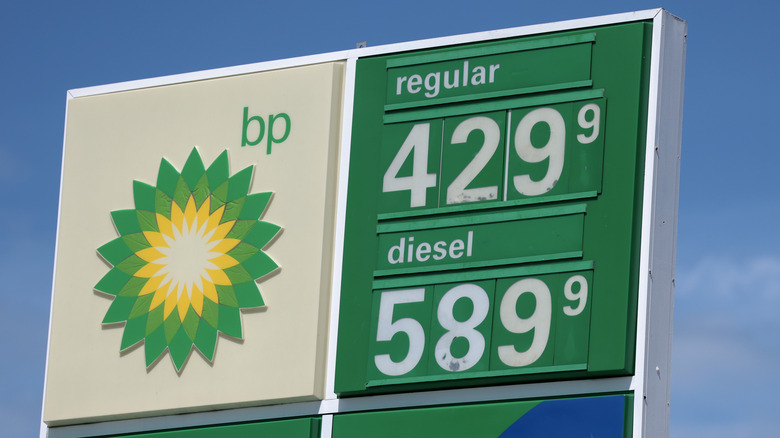 A BP gas station sign showing regular gasoline at $4.29 per gallon, and diesel at $5.89 per gallon.