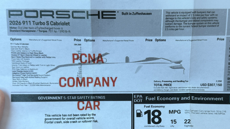 Window sticker of a 2026 Porsche 911 Turbo S T-Hybrid