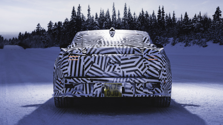 Rear end of a camouflaged Jaguar GT prototype