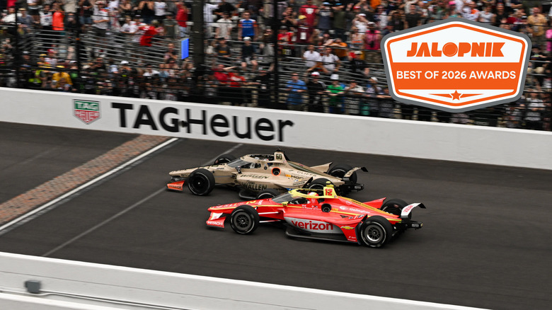 Felix Rosenqvist ahead of David Malukas before the Yard of Bricks at the Indianapolis Motor Speedway
