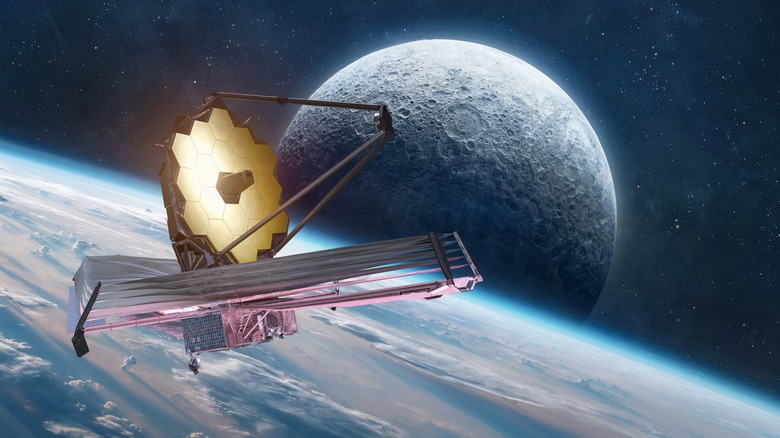 Artist's rendering of the James Webb Space Telescope observing the stars with the Earth and Moon in background