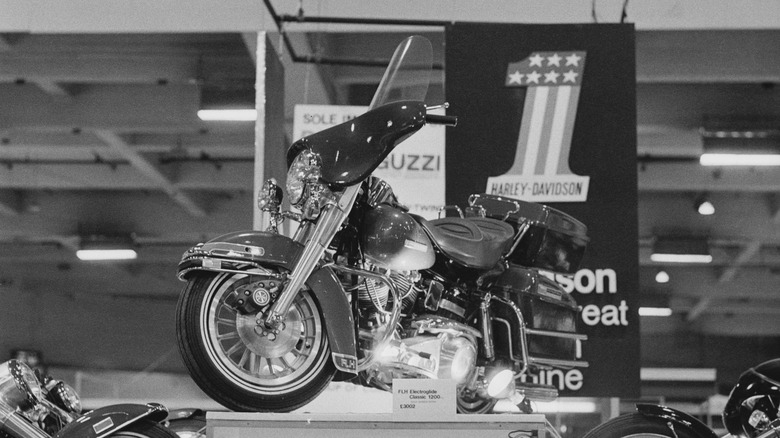 The Electric Glide 1200cc Harley-Davidson Motorbike at the Motor Cycle Show, Earls Court exhibition venue, London, August 31st 1977.